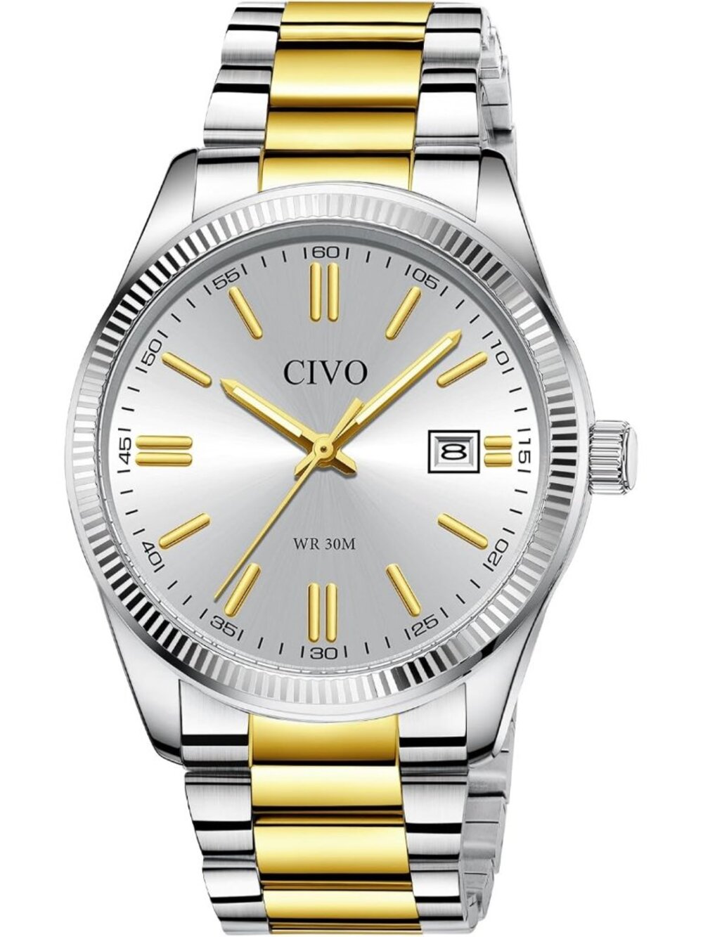 Mens Silver Gold Analog Quartz Skeleton Stainless Steel Round Casual Wrist Watch